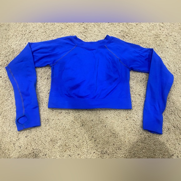 Jackets & Blazers - Women’s Seamless Compression Crop Top Blue Long Sleeve Thumb Hole Athletic Gym M
